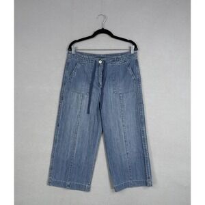 Talbots Pants Womens 10 Blue Denim Cropped Baggy Wide Leg Drawstring Boho 90s